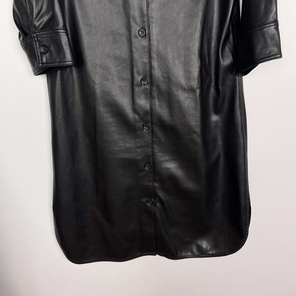 Calvin Klein S Black Faux Leather Button Front 3/4 Sleeve Shirt Dress Collared - Picture 4 of 8
